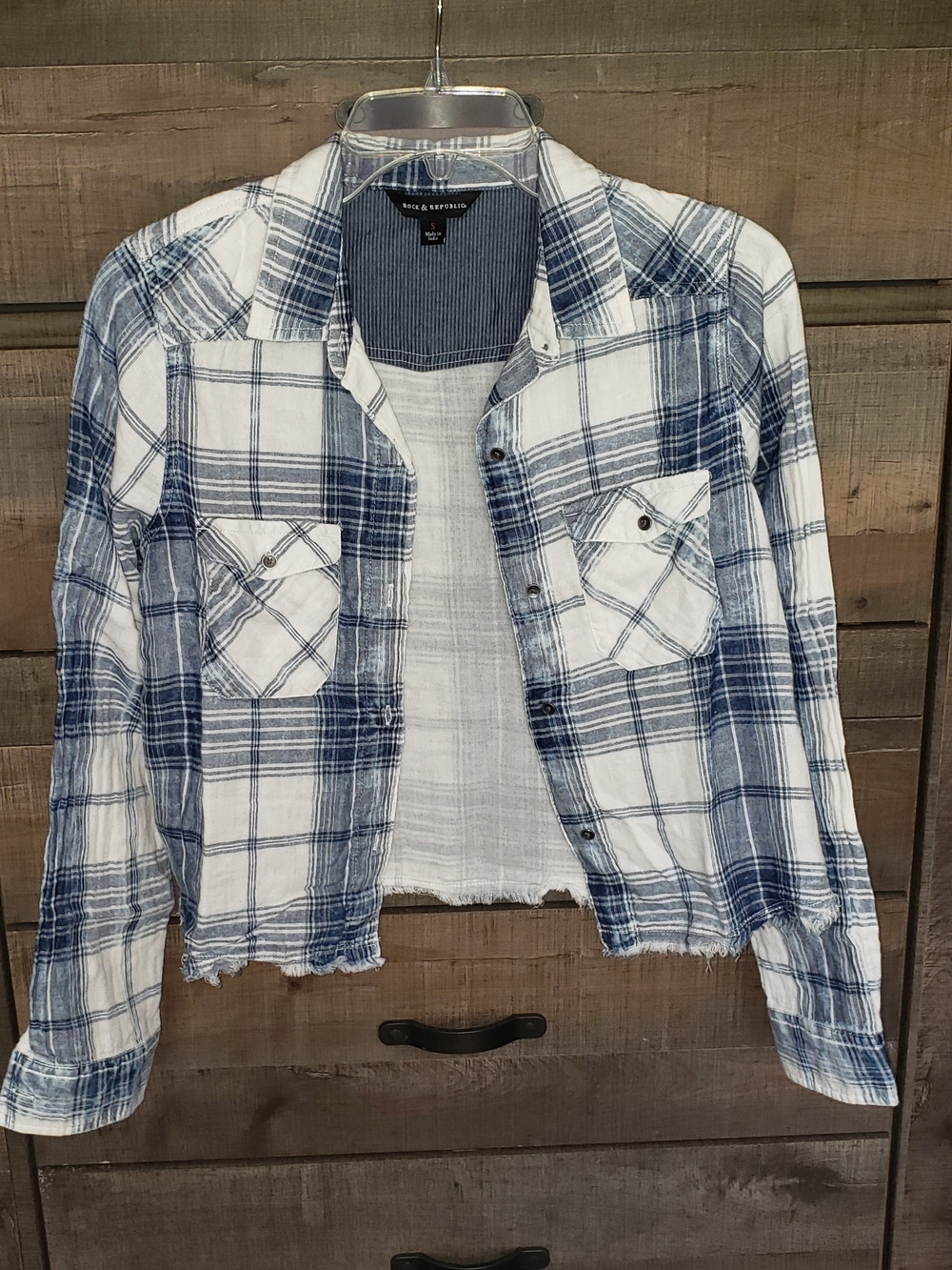 Rock & Republic Blue and White Plaid Button-Up Cropped Shacket
